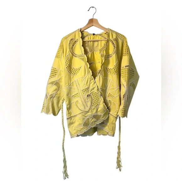 Maje Biana Crocheted Cotton Kimono Jacket in Yellow Banana Size Small - Picture 4 of 12